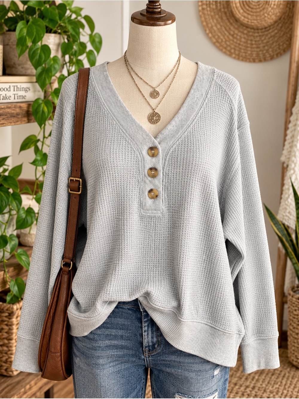 Pact Thermal Waffle Henley Pullover XXXL Gray Organic Cotton Oversized